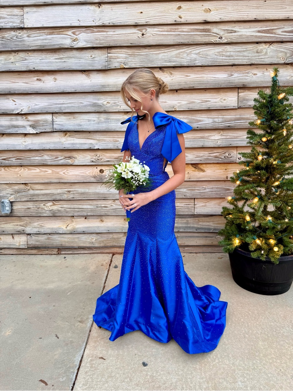 Sherri Hill Royal Blue Gown with Bow Shoulders